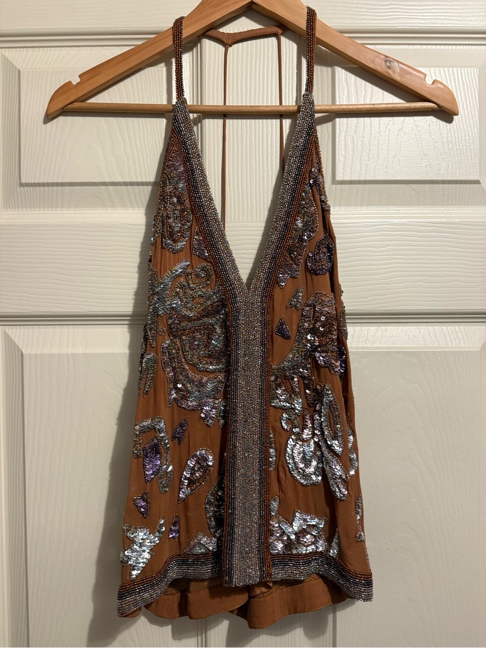 Free People Brown Beaded Embellished Halter Camisole